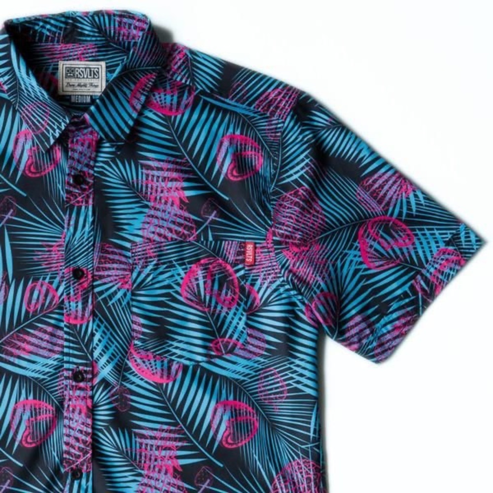 RSVLTS Men’s Short-Sleeve Button-Up — Black with Blue & Pink Tropical Print